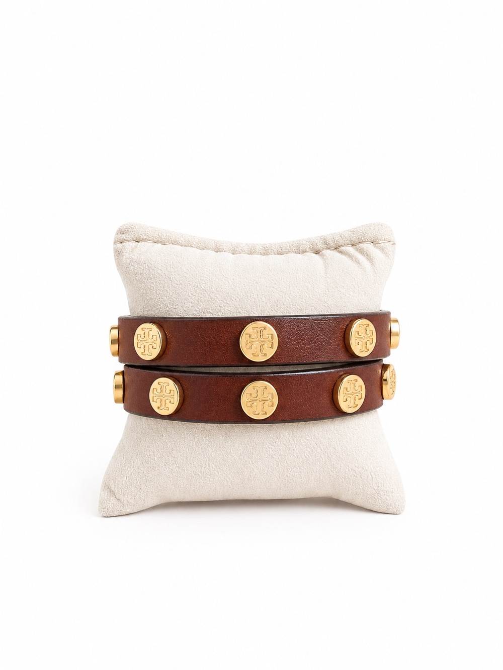 Tory Burch Brown Leather Double Wrap Logo Stud Bracelet